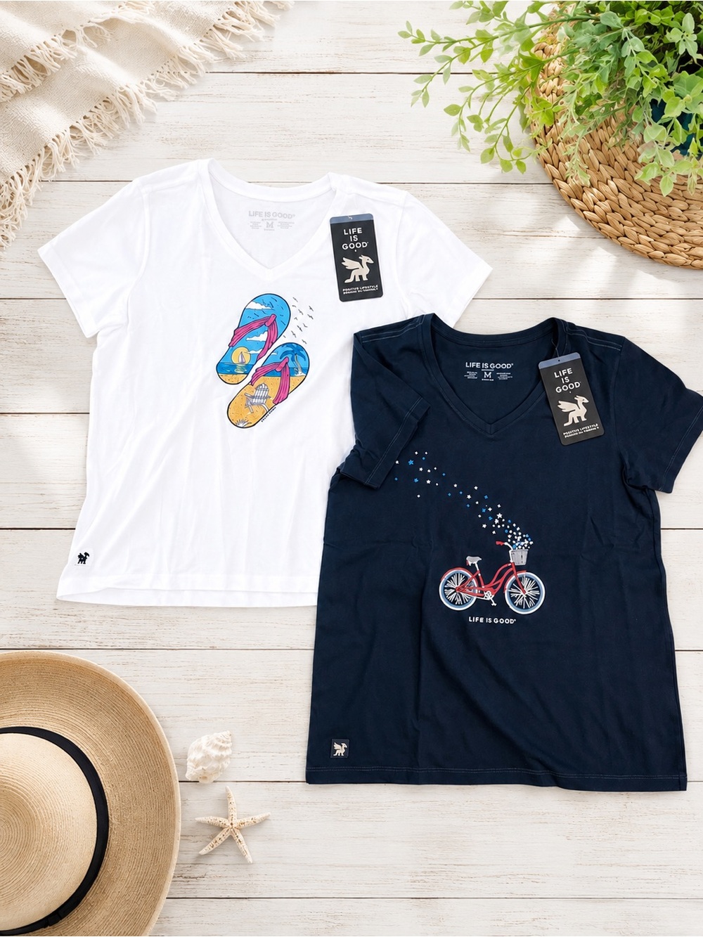 2 NWT Life is Good Women’s Sz M V-Neck T-Shirts White Flip Flops & Navy Bicycle